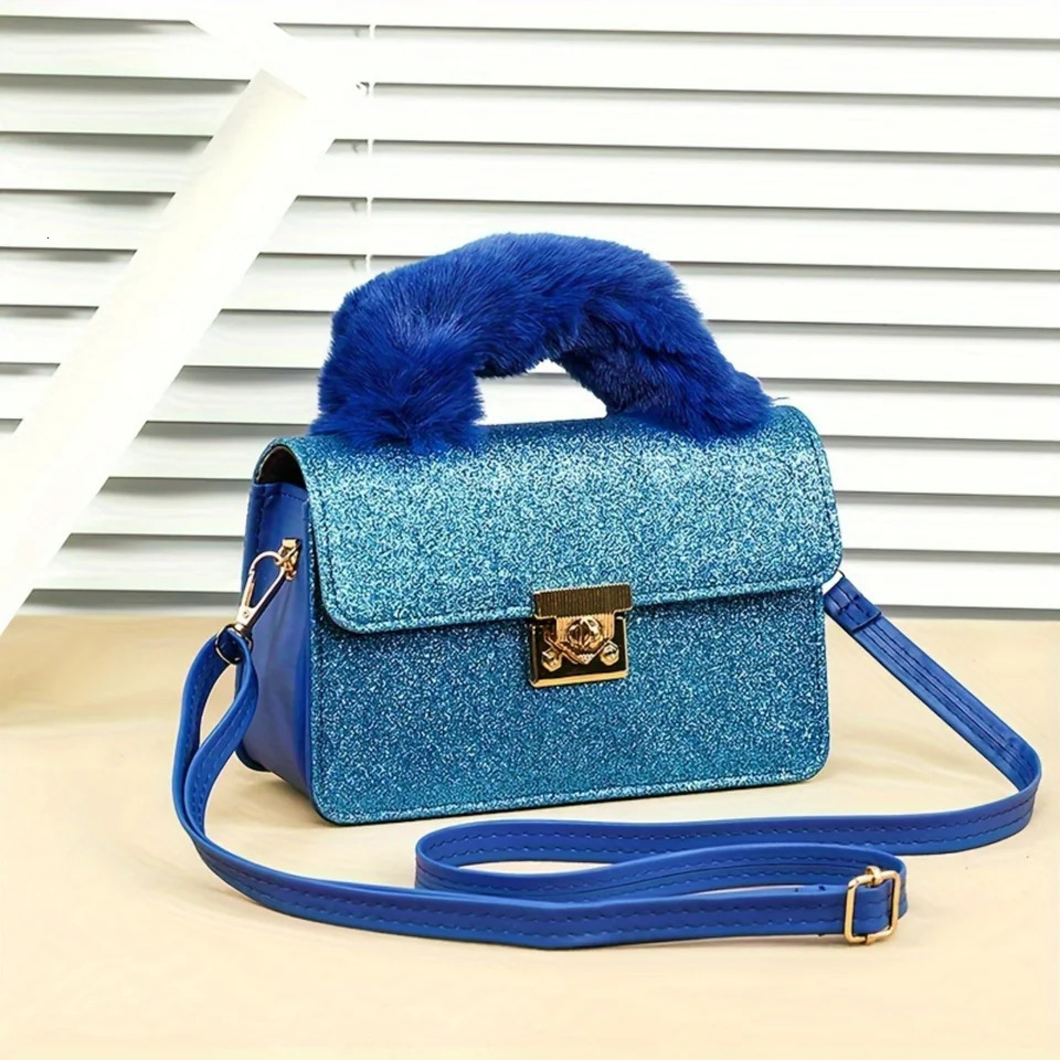 Ship from US Trendy Glitter Handbag Women Sequins Crossbody Bag Cute Plush Handle Purse Carnival Mardi Gras Music Festival 250227FBB