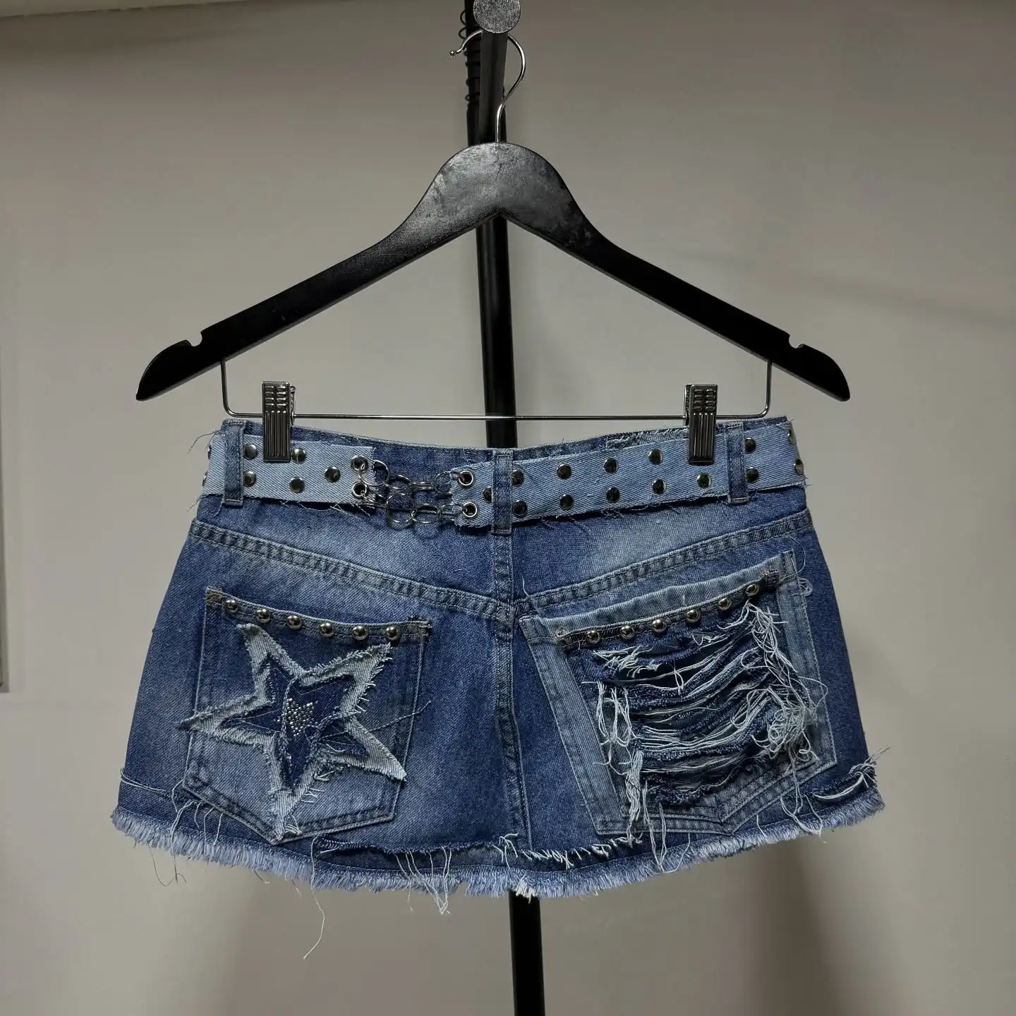 Spicy Girl Gothic Hip Hop Rock Denim Patchwork Short Skirt Europe and America Style Street Versatile Skirts Plaid Skirts 250226