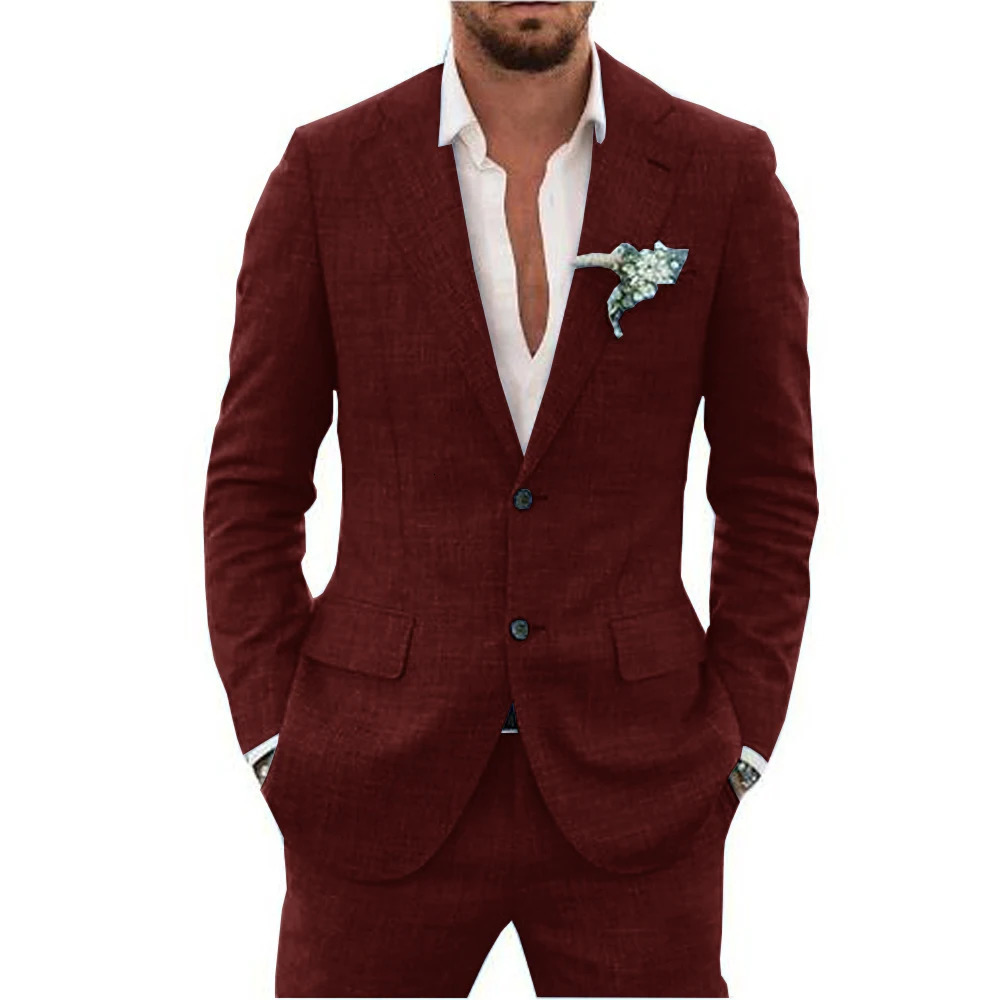 Slub Cotton Linen Suiting Fabric Full Mens Suit Lapel Collar Single-breasted 2 Piece Set Elegant Man Suits High Quality Blazer 250224