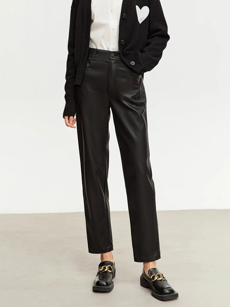 AMII Minimalist Ankle strength Casual Womens Pants Winter PU Leather Straight Fashion Solid Trousers 12345138 250227