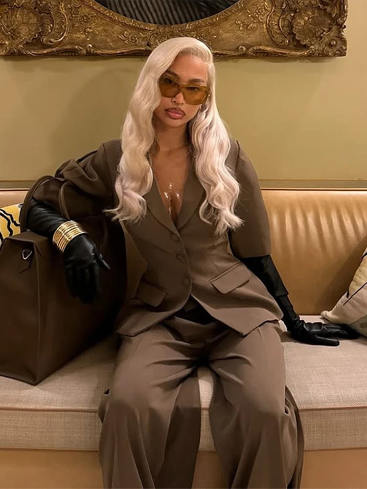 Fashion Short Puff Sleeve Blazer Long Pants Sets Women Spring Single Breasted Suit Jacket Wide Leg Trousers 2 Pieces Outfits 250226