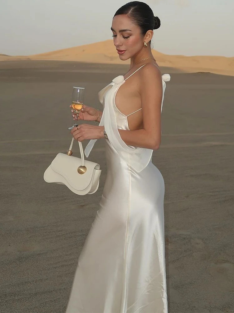 Women Chic White Backless Stain Ruffles Long Dress 2025 Elegant Sleeveless V Neck Pleated Sling Vestidos Ladies Party Club Robes 250226