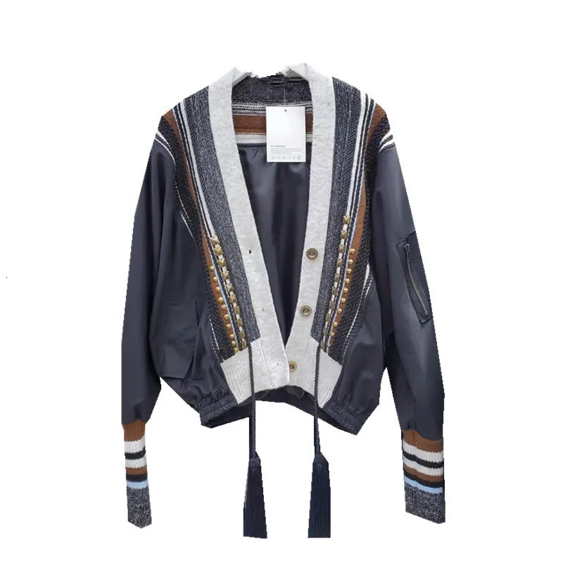 Fashion womens jacket rivet patchwork fringed Vneck longsleeved singlebreasted contrasting coat spring 250227