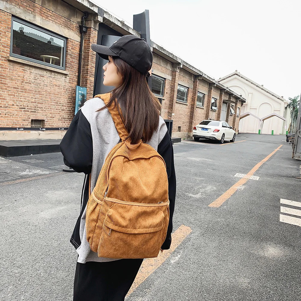 Ship from US Backpack for Women Men Adjustable Strap Laptop Bag Corduroy Solid Color Daypack with Zipper School Travel Work 250227FBB