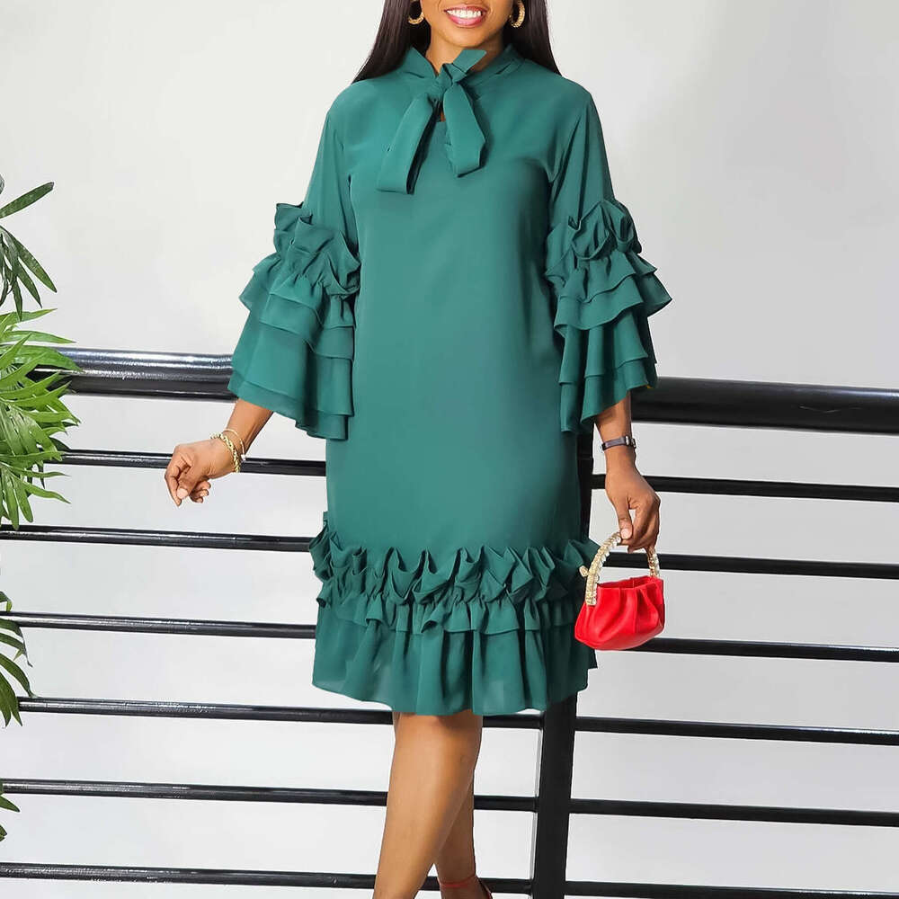 D4882025 Spring/Summer Fashionable Casual Ruffle Horn Sleeve Large Size Dress 2025 Versatile Style New Trendy Clothing Ins