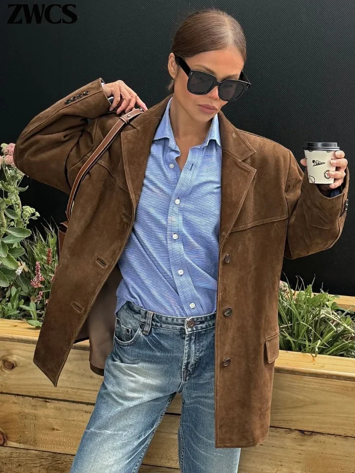 Vintage Suede Blazers Coat Women Loose Lapel Single Breasted Long Sleeve Pockets Jacket Autumn Lady High Street Outwear 250226