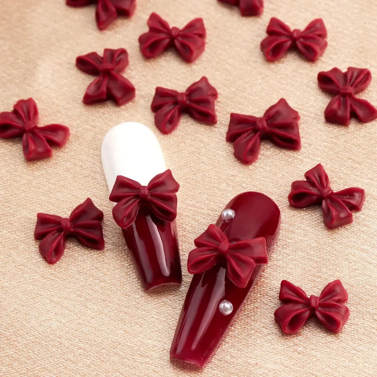30 Cherry Red Bow Nails Charm Valentines Day Deep Tie Nail Accessories DIY Womens Salon n Decoration Supplies 250217