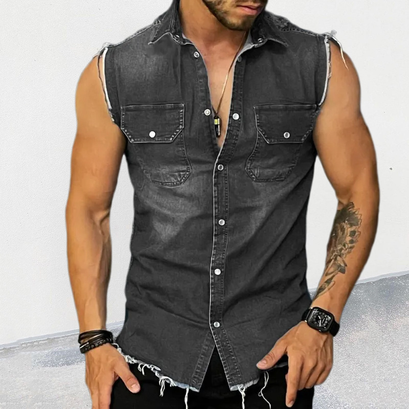 Designer Fashion Trendy Sexy Cowboy T-shirt Flip Collar Sleeveless Cardigan Muscle Tank Top Men's Wear