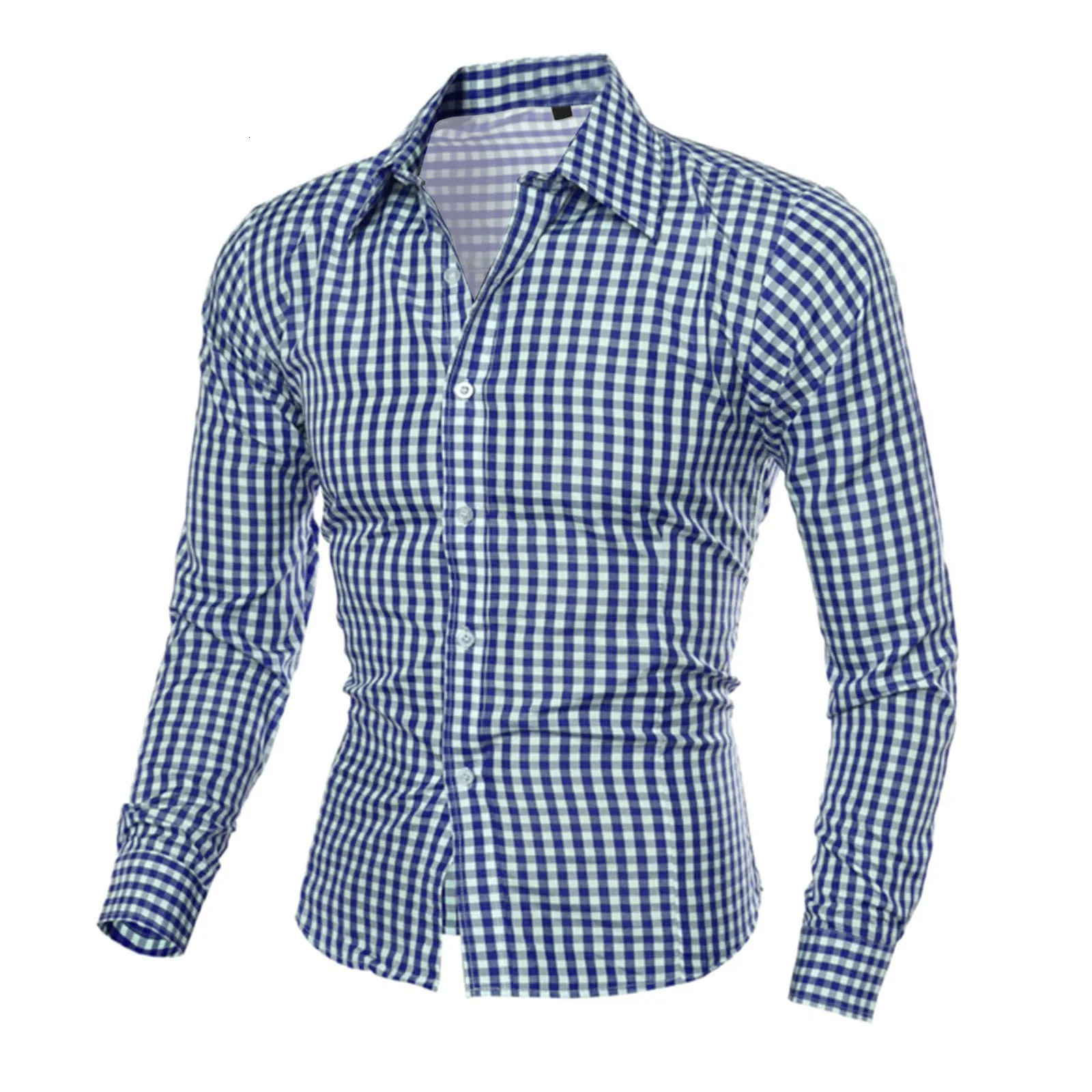 Red Plaid Printed Shirts For Men Long Sleeved Button Up Male Casual Slim Fit Tops Fashion Mens Social Shirt Clothes 250226