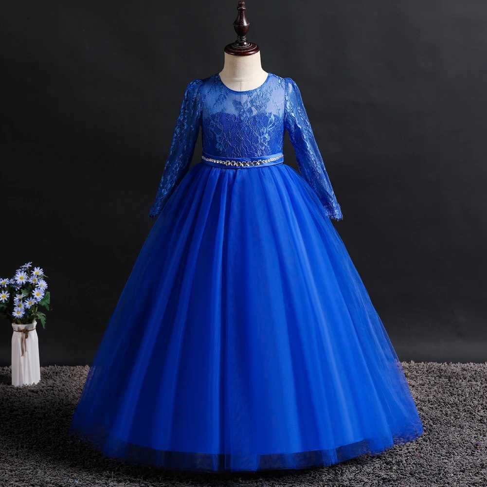 Girl's Dresses Blue European and American best-selling childrens bridesmaid dress lace long sleeved large skirt flower girl princess dress Y25022