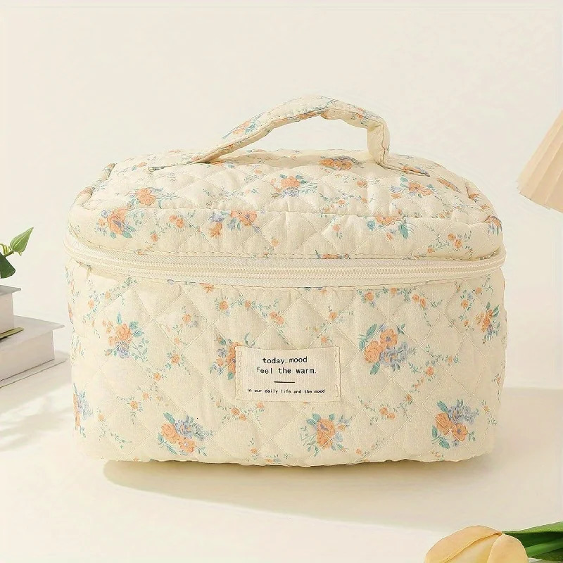 Ship from US 3Pcsset Cotton Quilted Makeup Bag Travel Cosmetic With Zipper Coquette Pouch Large Cute Aesthetic Floral Toiletry 250227FBB