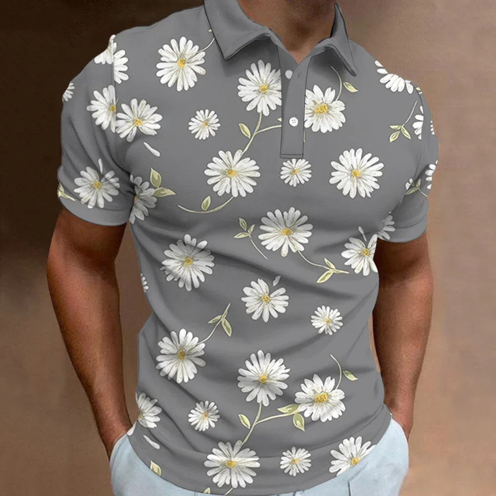 Mens Polo Shirt Summer Street Casual Short Sleeve Flower Print Buttons Tops Fashion Pullover Oversized Clothing Male Golf Wear 250227