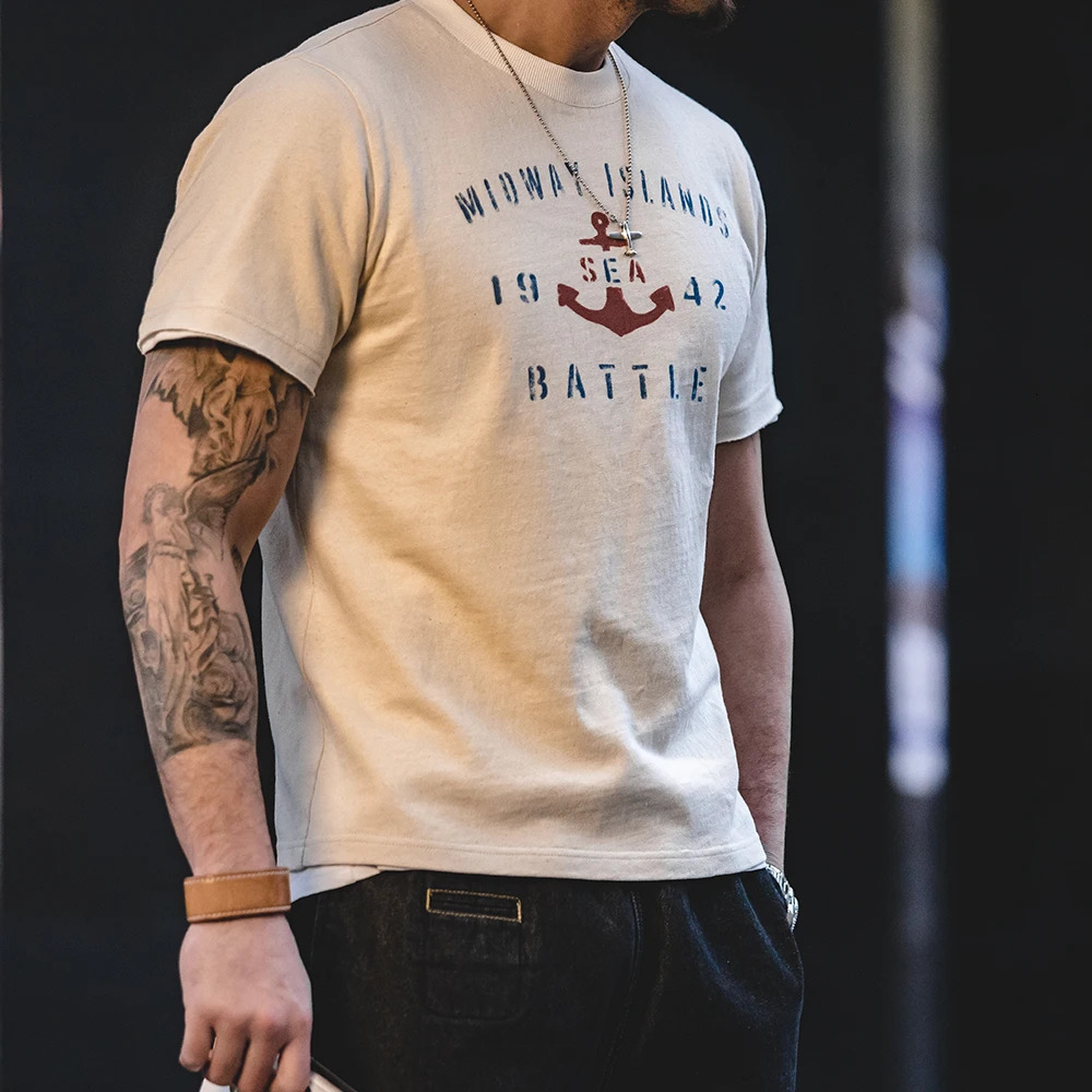 Maden summer cotton mens Tshirt retro anchor pattern casual Oneck soft and comfortable top letter 250226