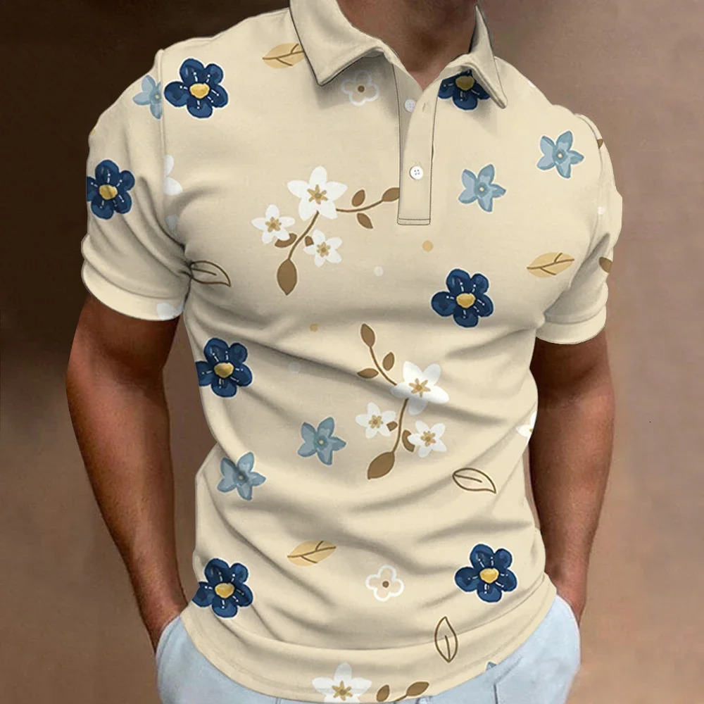 Mens Polo Shirt Summer Street Casual Short Sleeve Flower Print Buttons Tops Fashion Pullover Oversized Clothing Male Golf Wear 250227