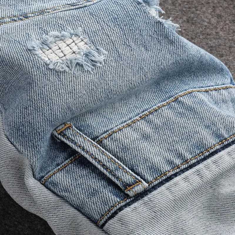 Streetwear Fashion Mens Jeans Retro Light Blue Elastic Slim Fit Ripped Jeans Men Spliced Designer Embroidery Hip Hop Denim Pants X250227