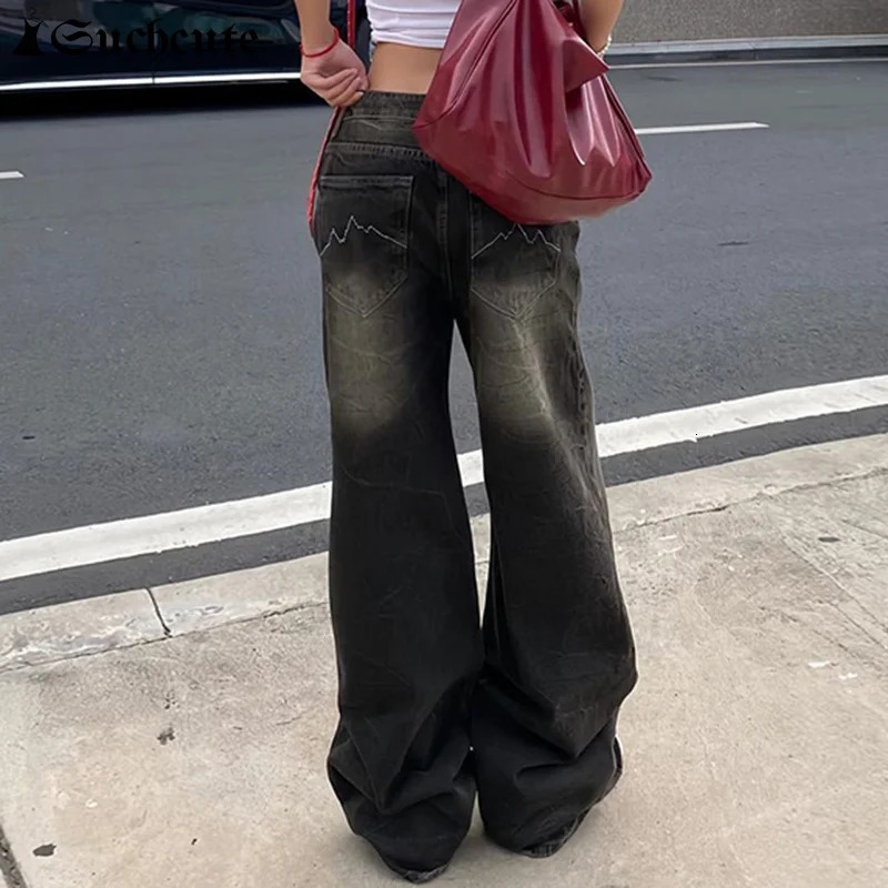 SUCHCUTE Low Waist Jeans for Women Goth Y2k Style Baggy Punk Wide Leg Denim Pants Kpop Casual Loose Streetwear 250226