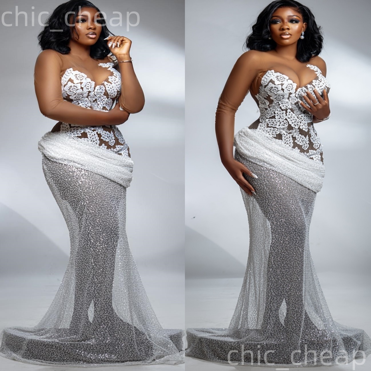 Ivory Mermaid Prom Dresses 2025 Illusion Lace Sequined Full Sleeves Evening Formal Party Second Birthday Engagement Gowns Plus Size Dress For Special 