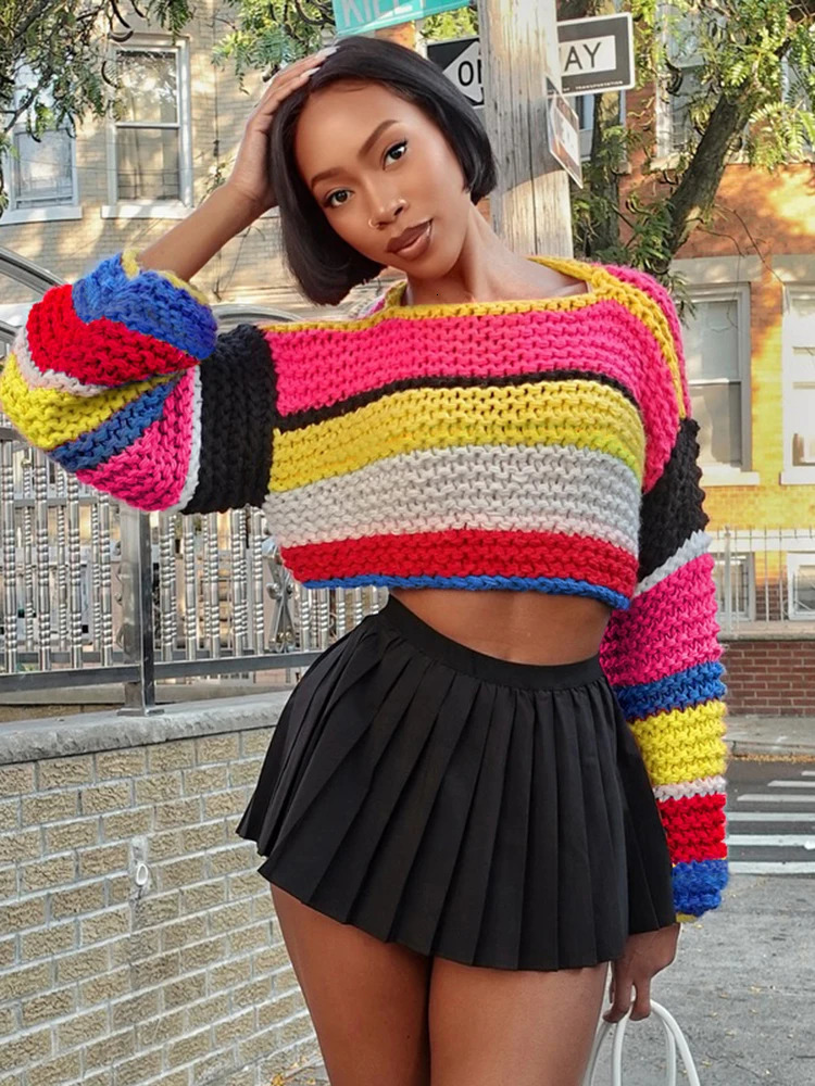 Weird Puss Colorful Stripe Knit Sweater Women Y2K Trend Balloon Sleeves Casual Simple Basic Wild Streetwear Hipster Crop Tops 250225