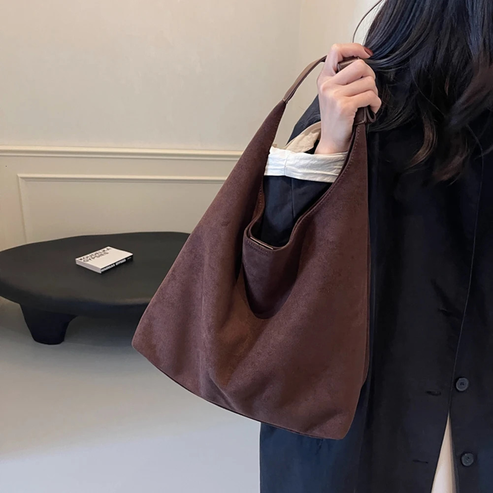 Ship from US Women Suede Bucket Bag Ladies Large Capacity Retro Handbag Trendy with Pocket Shoulder for Girls Work Travel Shopping 250227FBB
