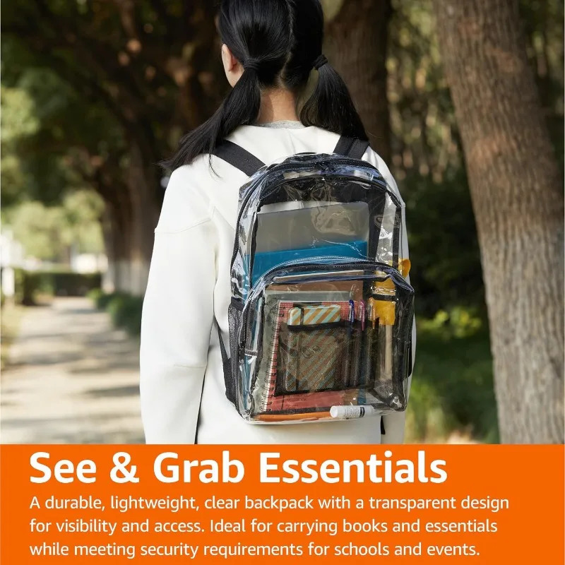 Ship from US Transparent School Backpack With WaterResistant PVC Plastic Material and Ruggedly Ruinforced Shoulder Straps Clear 250227FBB