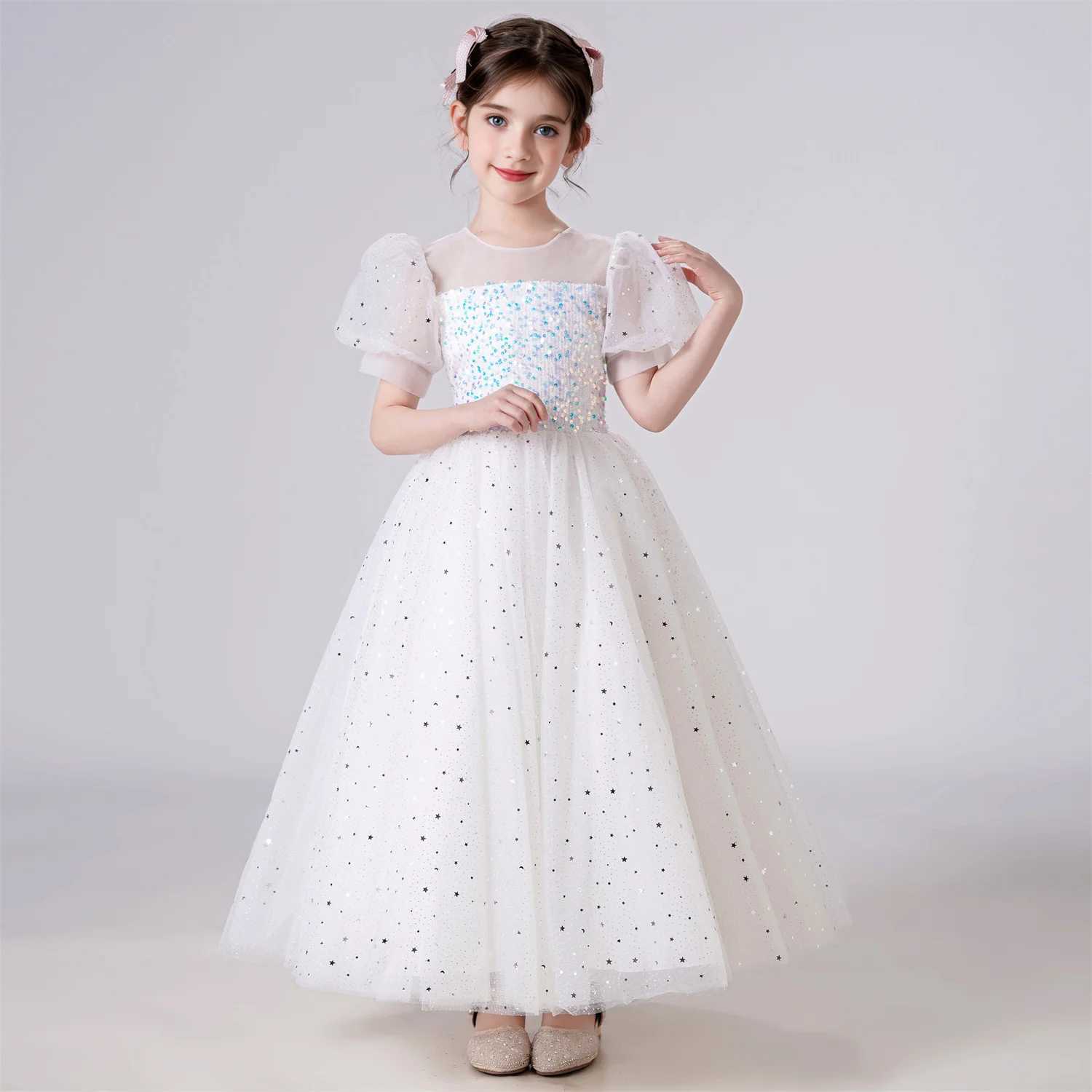 Girl's Dresses Elegant Party Dress Girl Puff Sleeve Princess Dress Wedding Childrens Sparkling Lace Birthday Party Formal Evening Dress Y250227OO