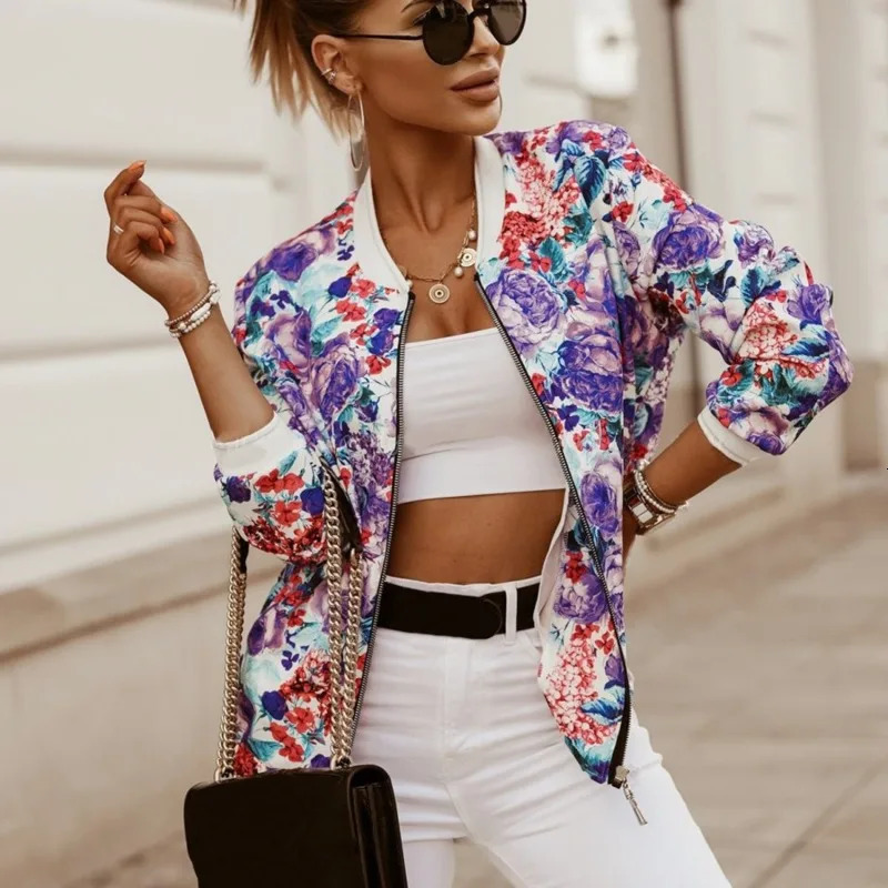 Flower Print Long Sleeve Womens Jacket Fashion Zipper Up Vintage Coat Tops Elegant Slim Basic Ladies Jackets 250227