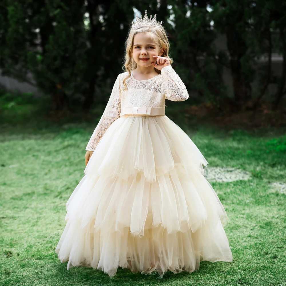 Girl's Dresses Lace Long Sleeve White Bridesmaid Dress For Girls Kids Princess Evening Dresses Children Girl Wedding Party Costume Clothes Y25022