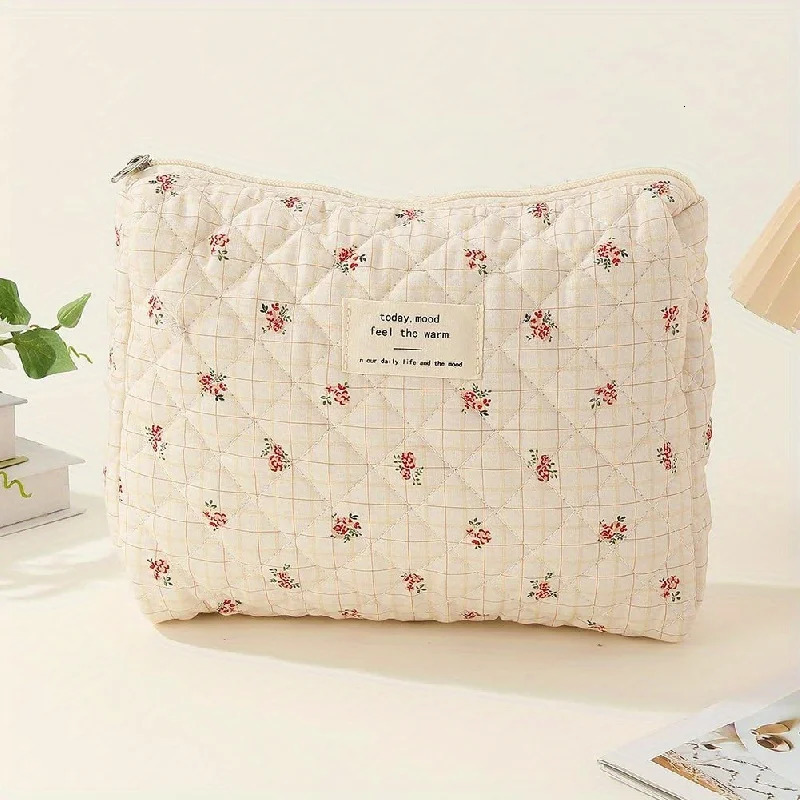 Ship from US 3Pcs Cotton Quilted Makeup Bag Coquette Large Travel Cosmetic Aesthetic Cute Kawaii Floral Toiletry 250227FBB
