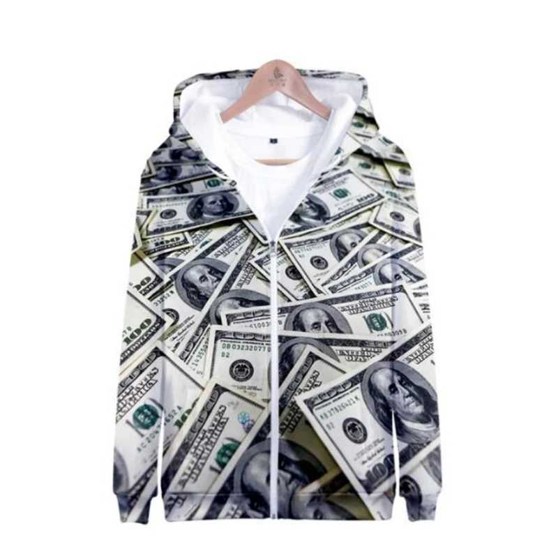 Fashion Dollar Pattern Zipper Hoodie Trend Autumn Long Sleeve 3D Banknotes Printed Sweatshirt Loose Casual Strtwear Pullovers X250227