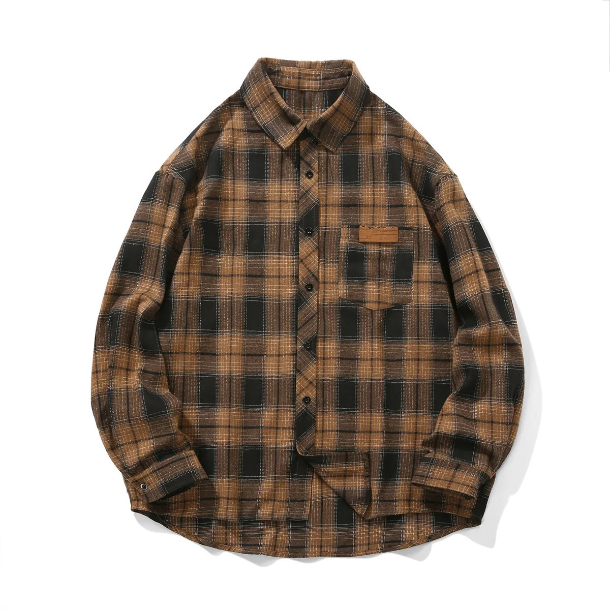 Vintage Mens Plaid Shirt Oversized Outer Top Clothes Casual Long Sleeve Checked Overshirt Single Pocket Buttons Blouse Male 250226