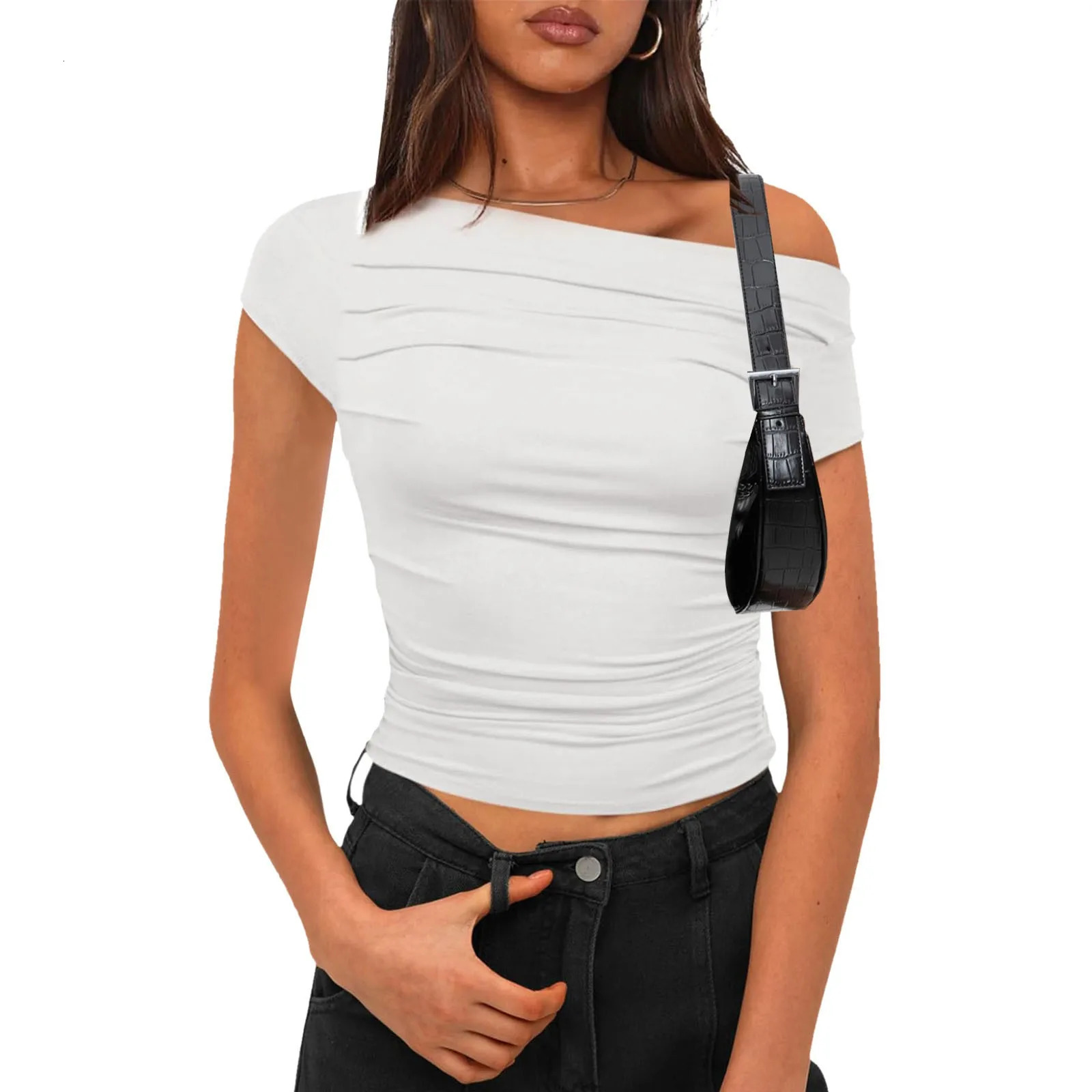One Shoulder T Shirt Women Short Sleeve Basic Solid Color Tops Summer Crop Tops Slim Fit Clothes WomenS Glamorous Sexy Tops 250227