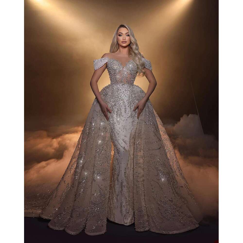 Juno-Neck Mermaid Bridal Dress with Pearls, Off-the-Shoulder, Made-to-Order, for Girls