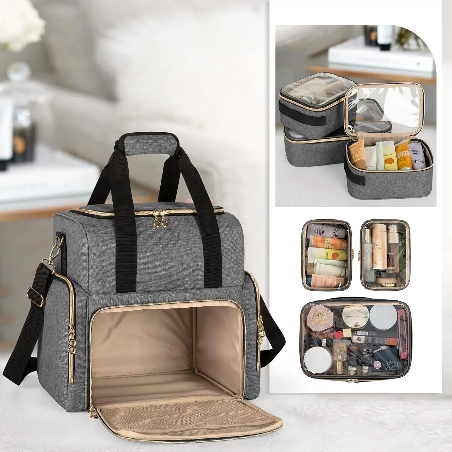 Ship from US Large Travel Makeup Bag with 3 Removable Cases Cosmetic Detachable Dividers Patent Pending Gray 250227FBB