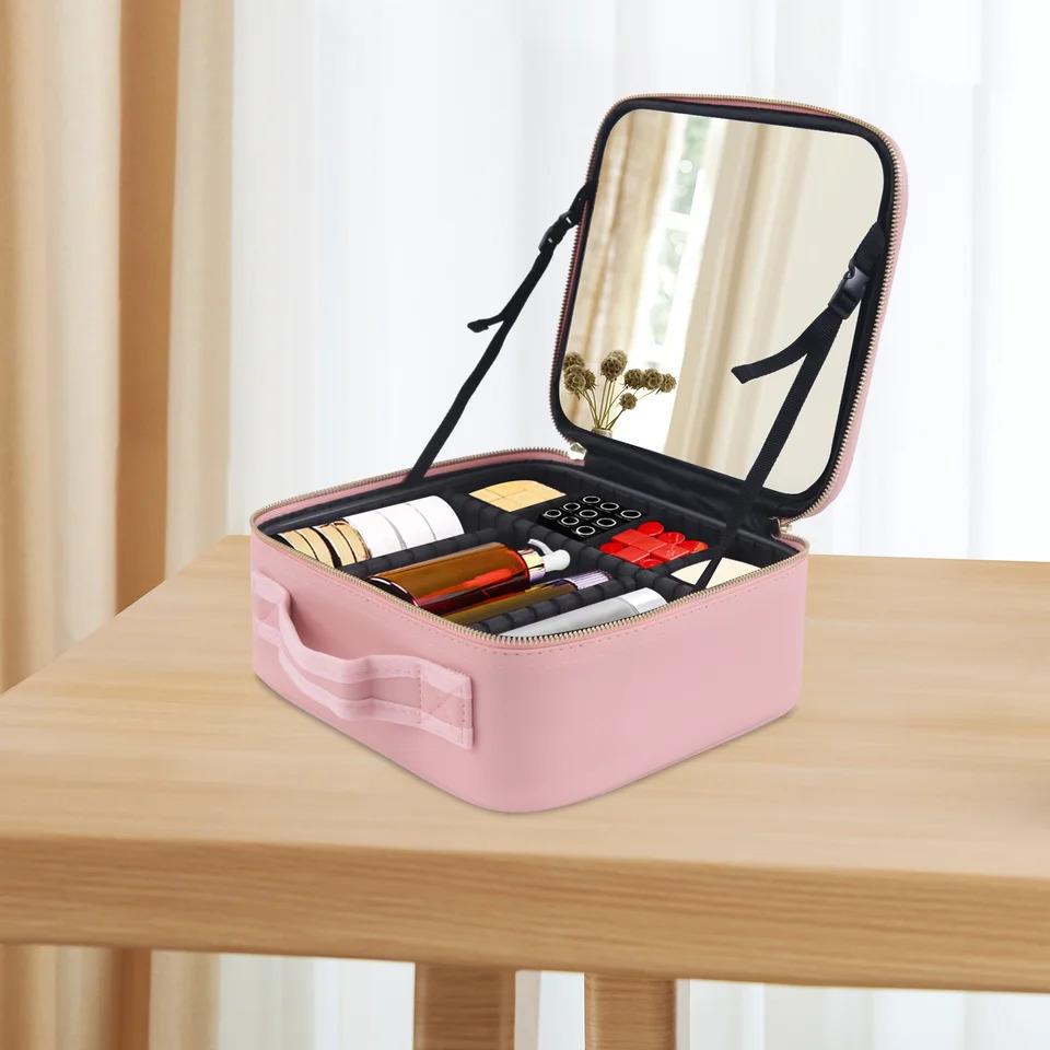 Ship from US Silent Valley Cosmetic Box With Mirror Travel Case Portable Makeup Bag Adjustable Dividers Toiletry Jewelry Gift 250227FBB