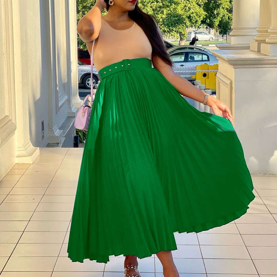 D293P with waist belt, European and American women's clothing, high waist, large medium length pleated elegant drape, half skirt, 2025 versatile 