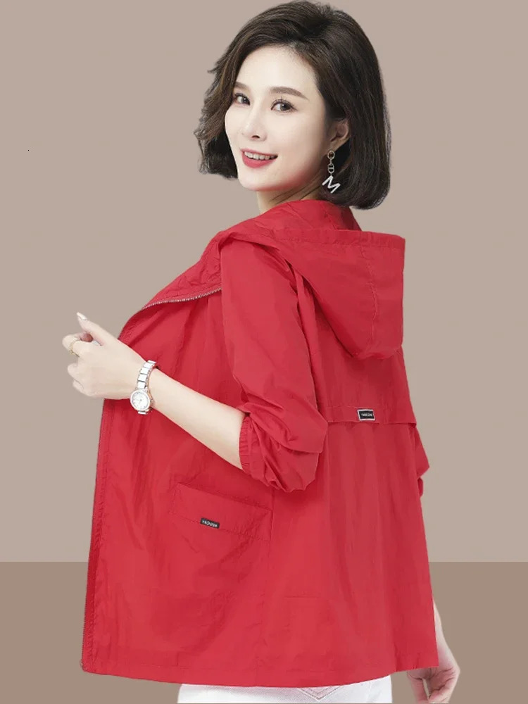 Womens summer thin solid color jacket womens sun protection hooded loose UV Z894 250227