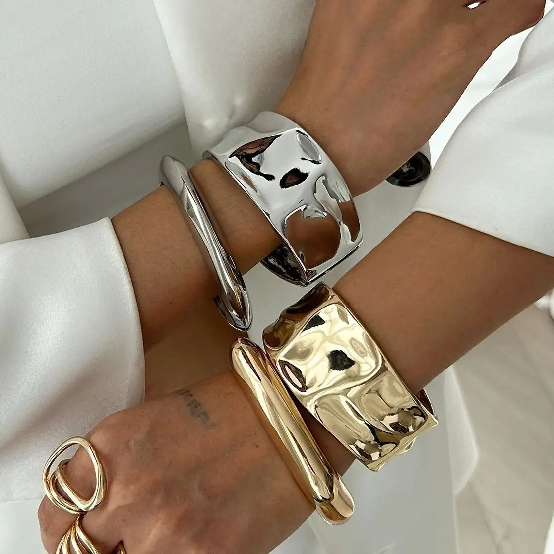 Salircon Trendy Irregular Chunky Metal Bangles Bracelet Womens Charm Gold Color Spring Bangle Party Jewelry Gift 250227