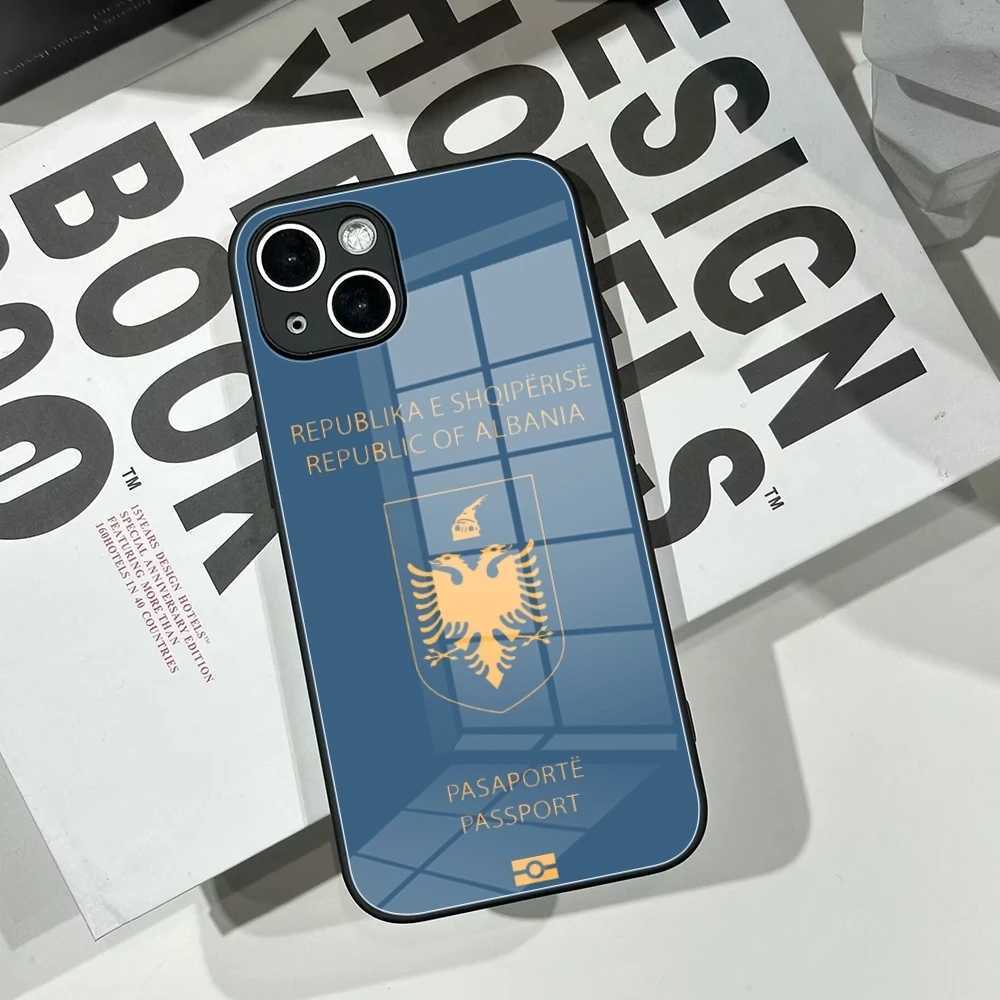 Albania Passport Phone Case Glass Shell FOR IPhone 14 11 12 8 7 15 Plus 13 Pro MAX XR XS MINI Covers Z250227
