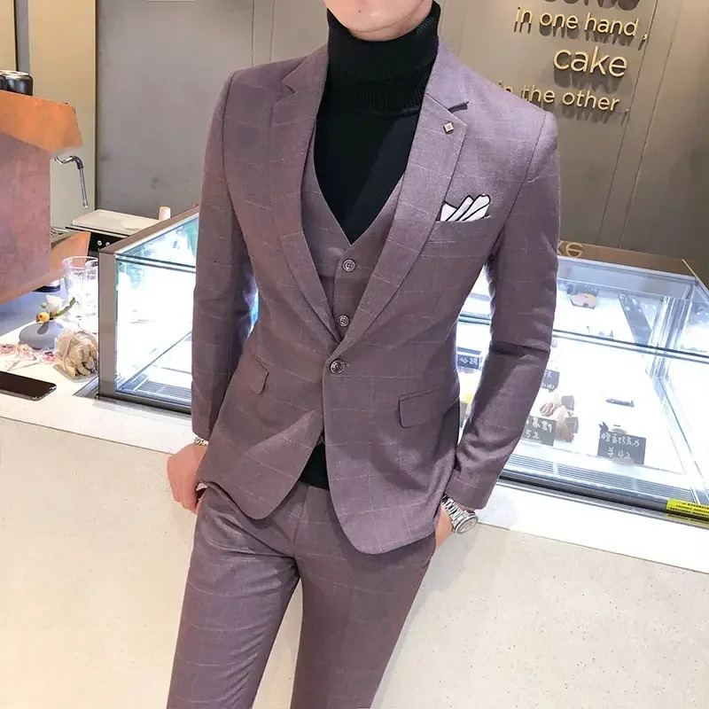 Men Dress Suits British 3Piece Set Men Wedding Suit Fall Mens Business Formal Plaid Suit Men Slim Fit Dress Suit 250224