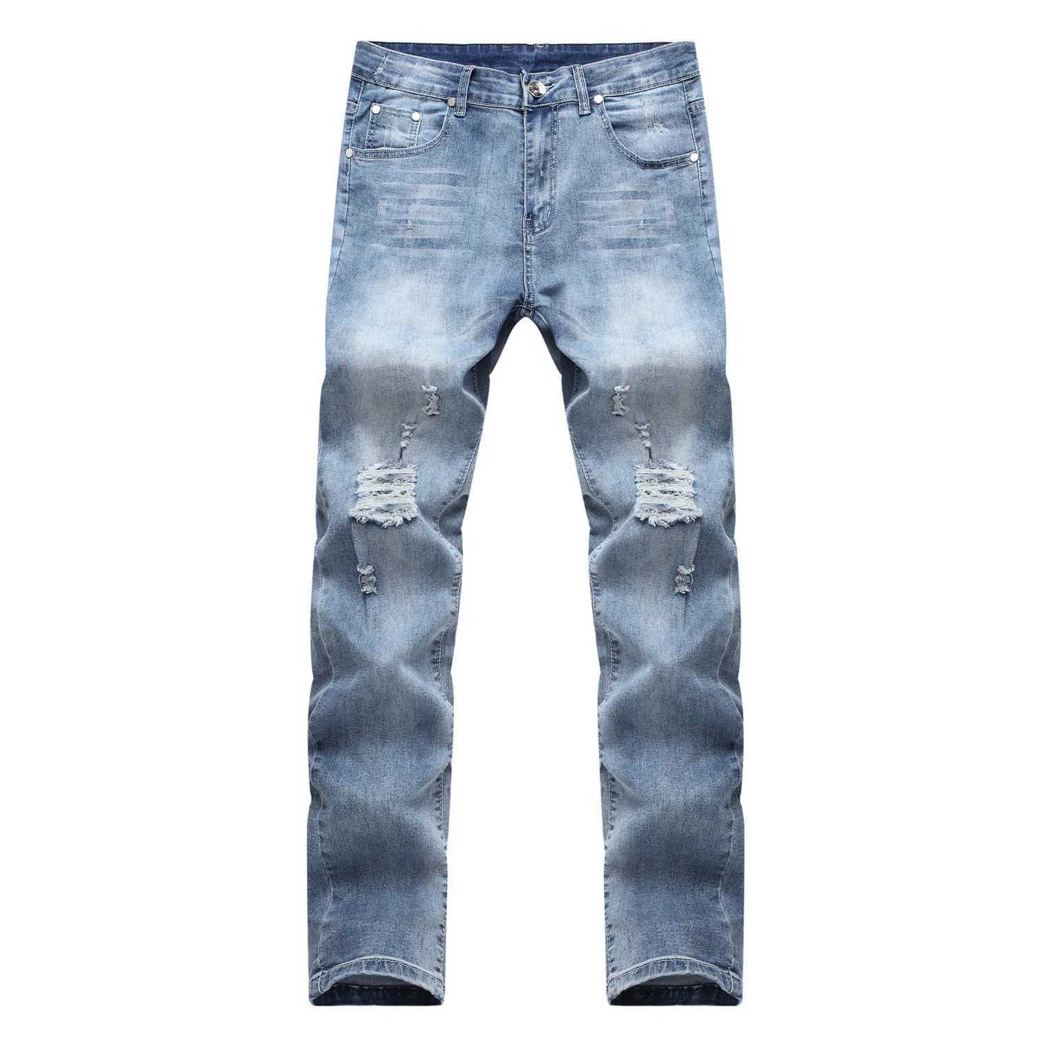 Punk Street Style Ripped Skinny Jeans Men Vintage Wash Solid Denim Trouser Mens Casual Slim Fit Pencil Denim Holes Pants 2024 X2502271