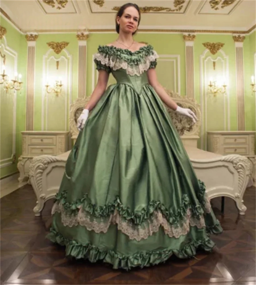 Vintage Medieval Prom Dresses Olive Green Floor Length Corset A-Line Princess Evening Gown Back Lace-up Wave Details Satin Special Occasion Dress