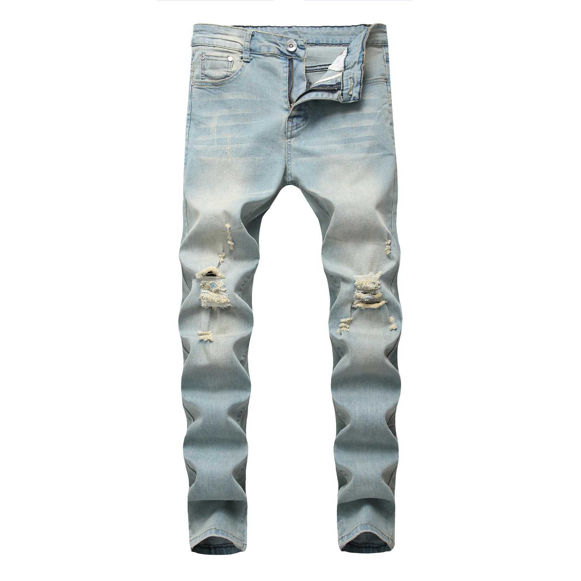 Punk Street Style Ripped Skinny Jeans Men Vintage Wash Solid Denim Trouser Mens Casual Slim Fit Pencil Denim Holes Pants 2024 X2502271