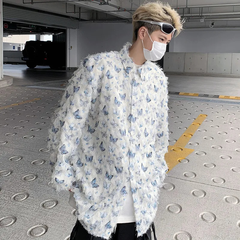 Summer Thin Shirt Three-dimensional Butterfly Decor Long Sleeve Shirt Tassel Casual Fashion Loose Male Sun-proof Clothing 250224