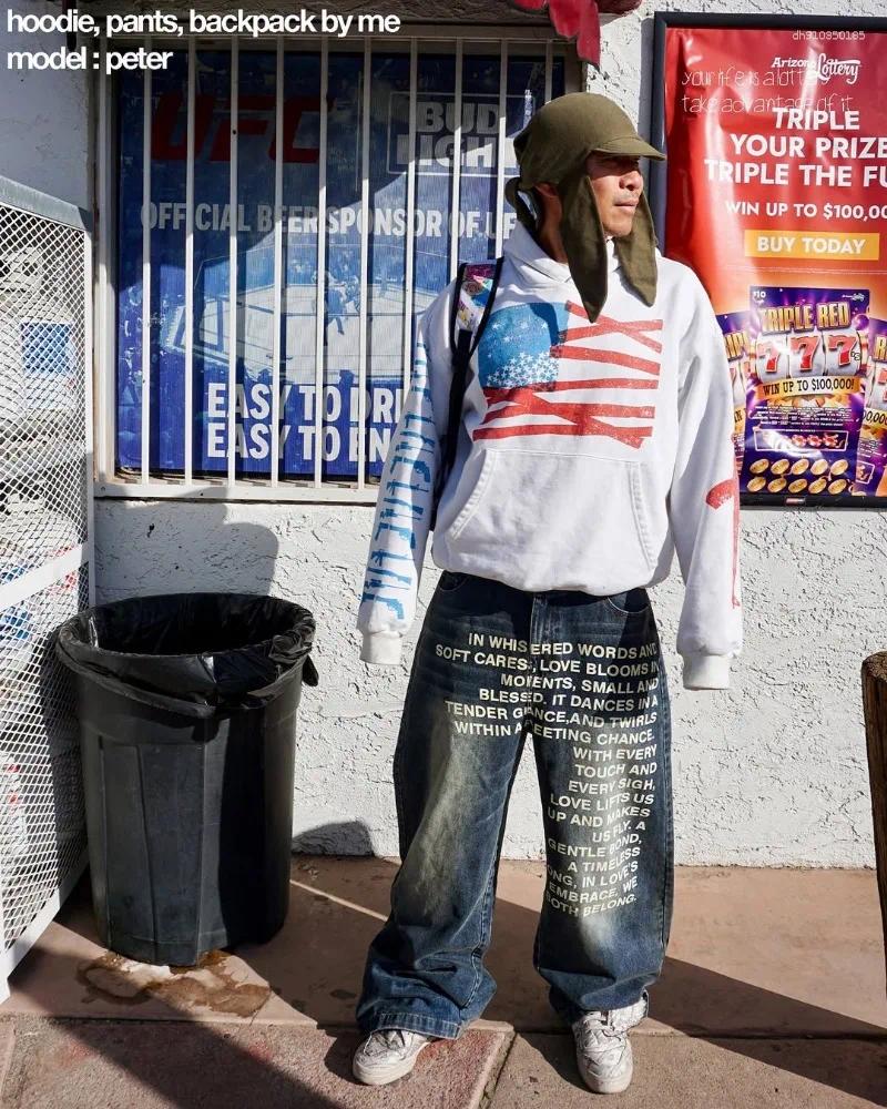 Men's Jeans Y2K Men Vintage American Pattern Letter Streetwear Gothic Harajuku Hip Hop Women Fashion Casual Wide Leg