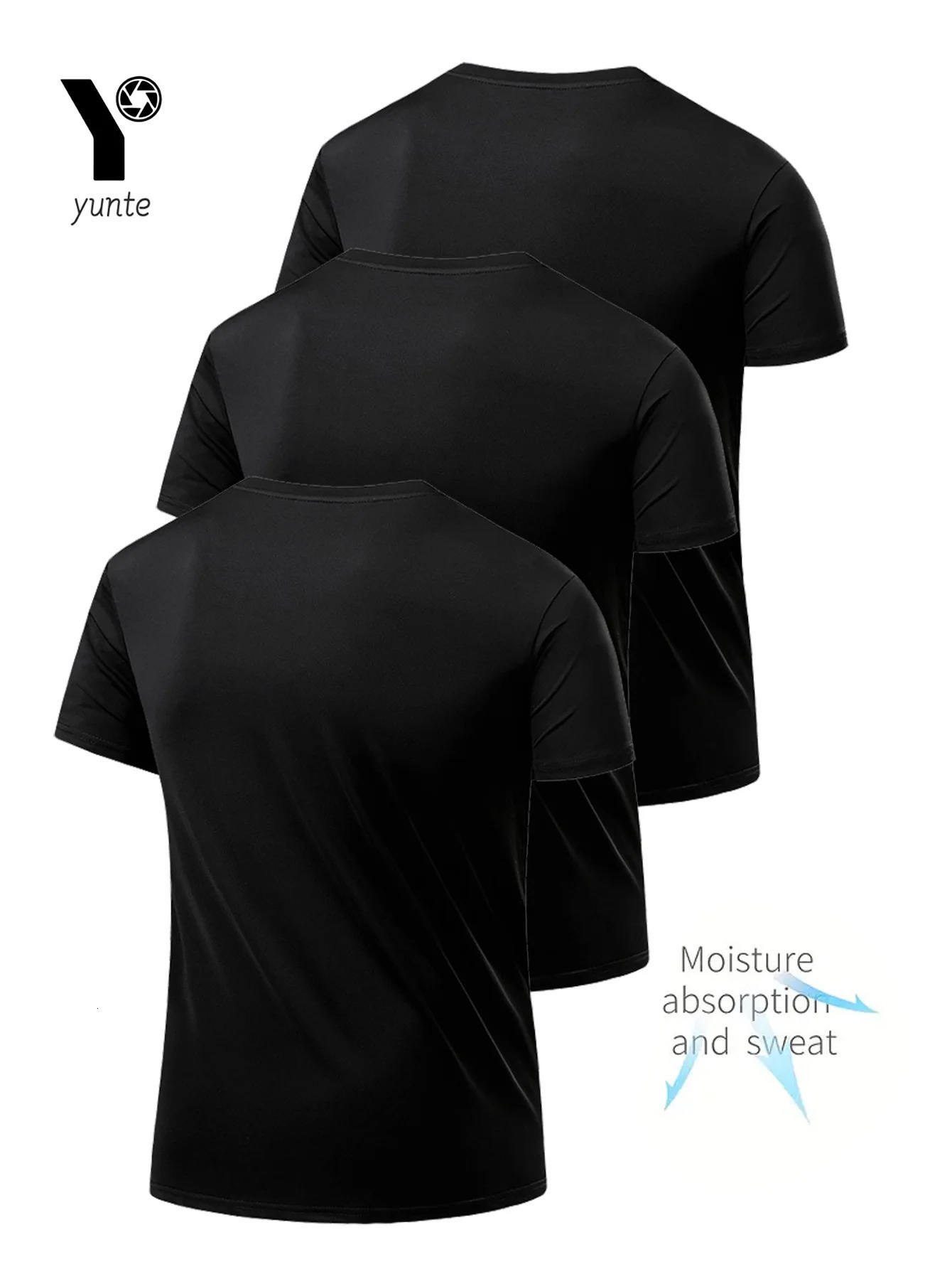 Round Neck T-Shirt 3-Piece Black Ultra-Light Mens Quick-Drying Breathable Sweat-Absorbent Shirt Suitable for Fitness Gym and Ru 250227