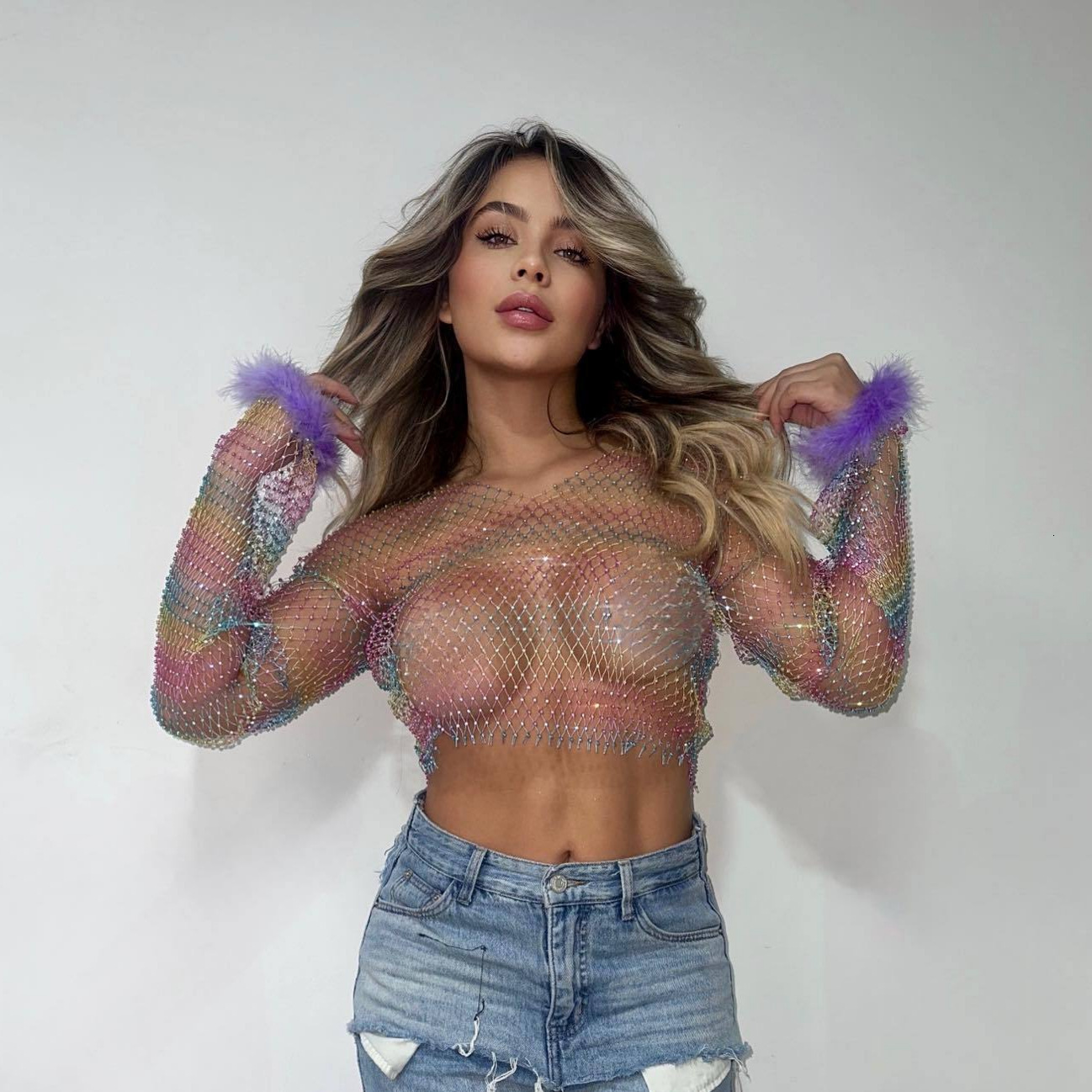 Designer Long Sleeved T-shirt Sexy Spicy Girl Mesh Fishing Net Rhinestone Top For Women