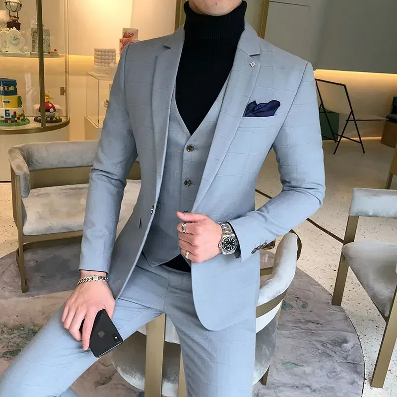 Men Dress Suits British 3Piece Set Men Wedding Suit Fall Mens Business Formal Plaid Suit Men Slim Fit Dress Suit 250224