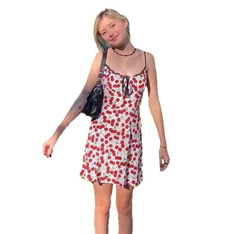 American Style Romantic Cherry Silk Printed Lace Up Suspender Dress Womens Floral Dress Long Summer Dress Novelty Short Pregnant Womens Dress