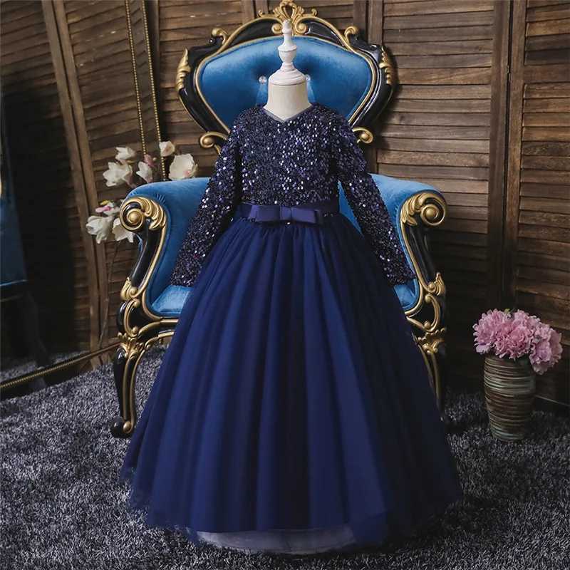 Girl's Dresses Sequins Flower Childrens Wedding Party Long Dress Elegant Girl Babys Birthday Party Feast Lace Embroidery Long Sleeve Dress Y25022