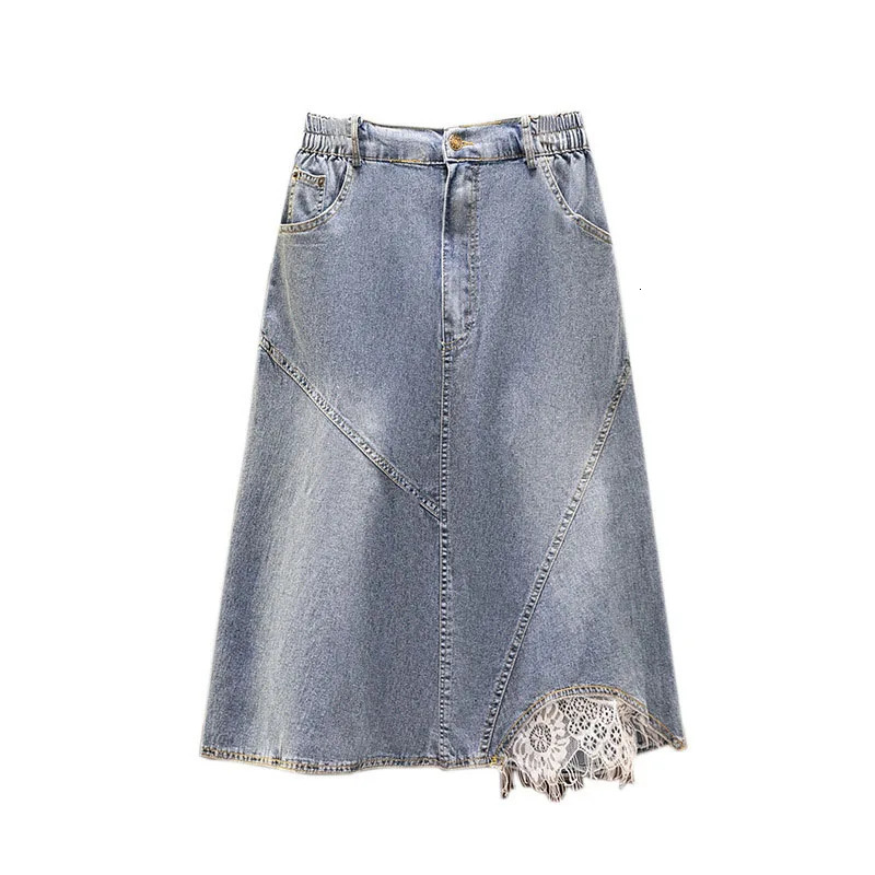 150Kg Plus Size Womens Summer High Waist Slim Loose Mid Length Lace A-line Denim Skirt Blue Hip 145cm 6XL 7XL 8XL 9XL 250224